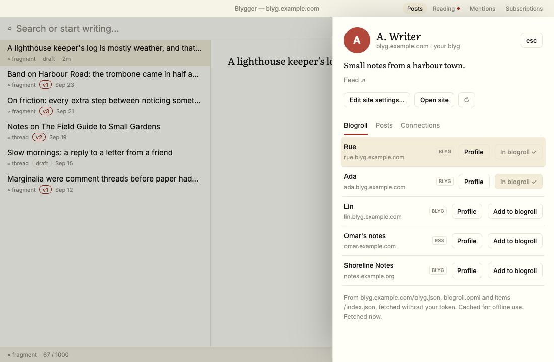 Your own profile, with blogroll toggles