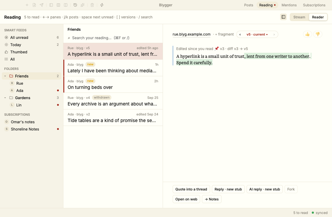 The three-pane Reader with folders