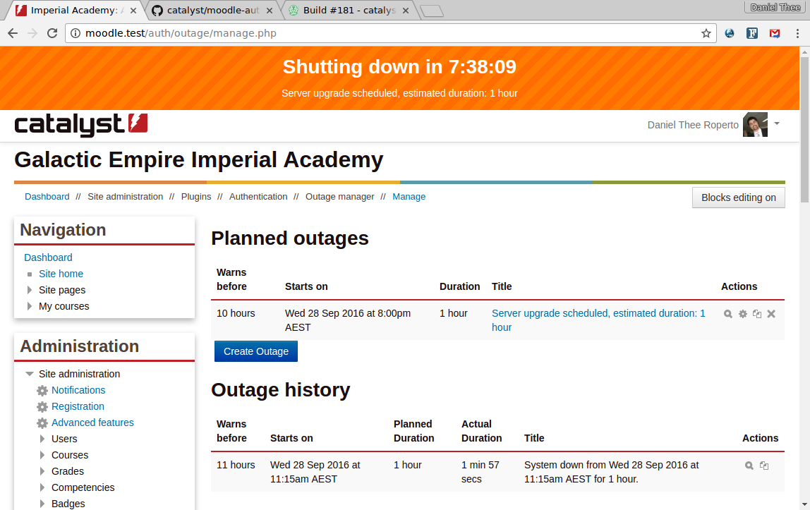 Manage outages page with a scheduled outage warning.
