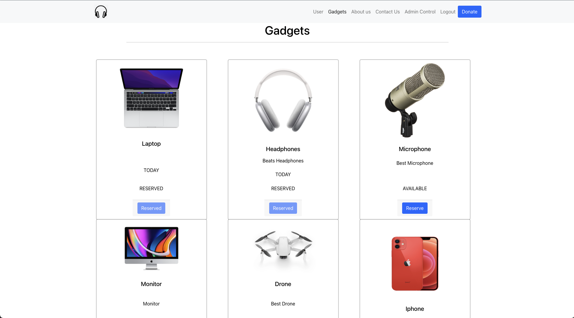 Screenshot of gadgets page