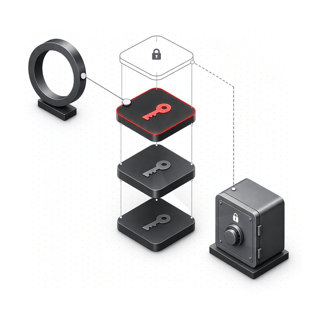 A key history with retired keys, the current key in red and the next key as an outline