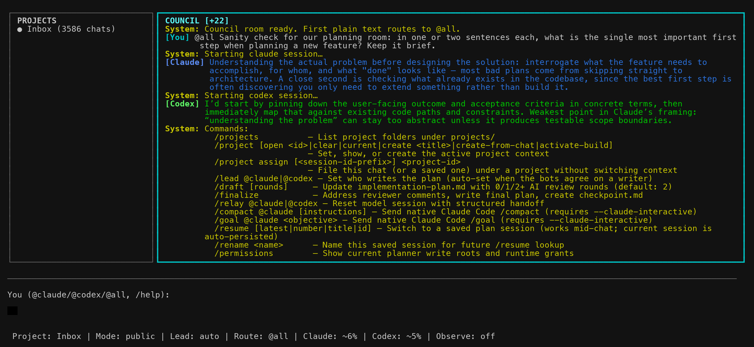/help output showing commands, messaging, aliases, and workflow