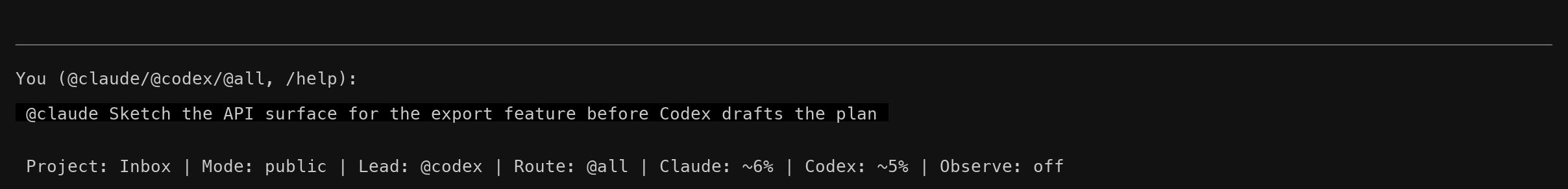 Ink input field and status line — typing @claude while lead is @codex