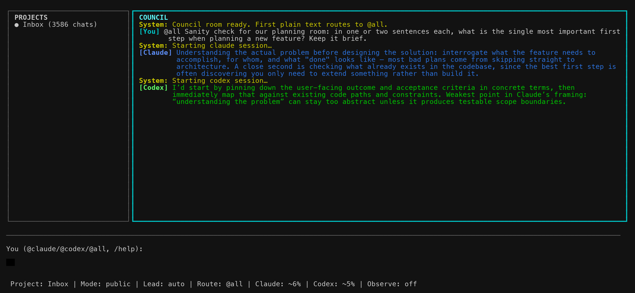 Ink UI — council panel with status line