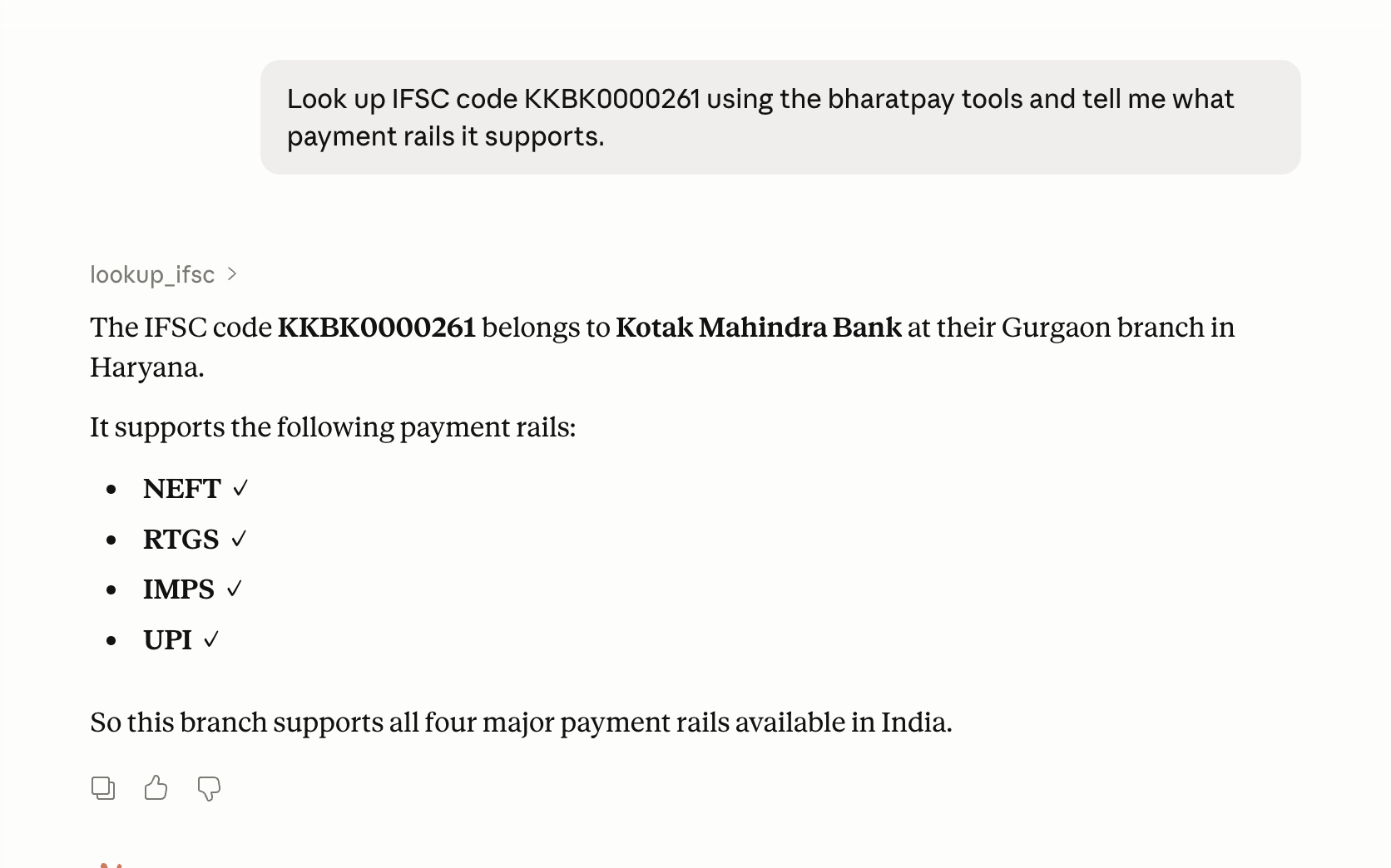 Claude calling bharatpay's lookup_ifsc tool