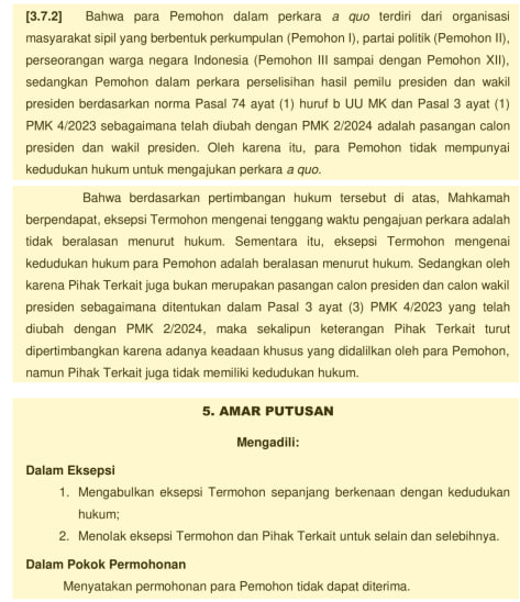 Dua kutipan terpisah. Halaman 377 memuat pertimbangan kedudukan hukum, sedangkan halaman 378 memuat amar bahwa permohonan para Pemohon tidak dapat diterima.