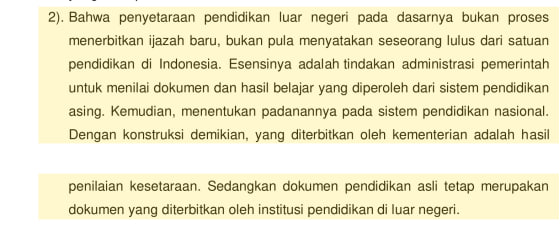 Keterangan Kemendikdasmen dalam persidangan pada halaman 349–350. Penyetaraan dijelaskan sebagai penilaian administratif atas dokumen dan hasil belajar, bukan penerbitan ijazah baru.