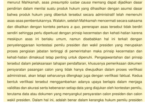 Bagian dari satu paragraf pertimbangan Mahkamah pada halaman 374 mengenai asas praduga keabsahan, kecermatan, verifikasi, dan ruang klarifikasi.