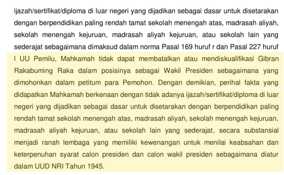 Lanjutan dan akhir paragraf [3.6] pada halaman 376. Mahkamah menjelaskan batas diskualifikasi setelah status Gibran berubah dari calon menjadi Wakil Presiden.