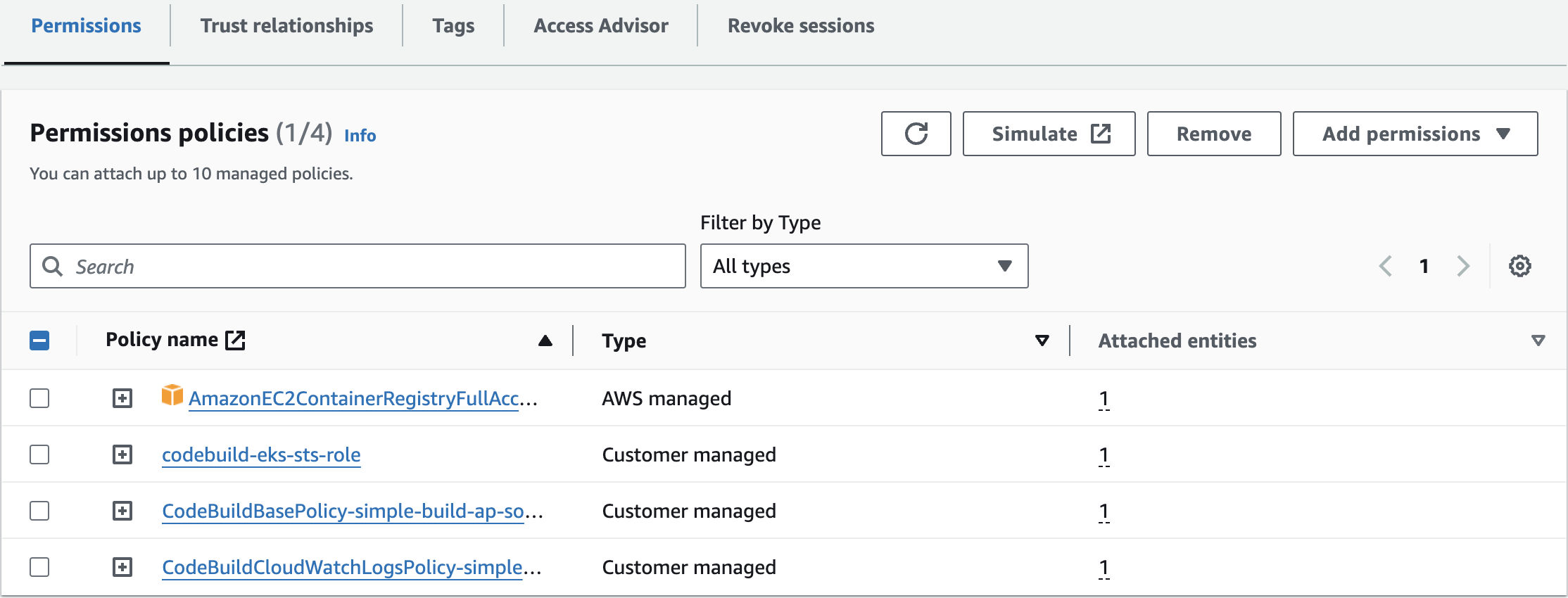 Permissions policies for codebuild-simple-build-service-role