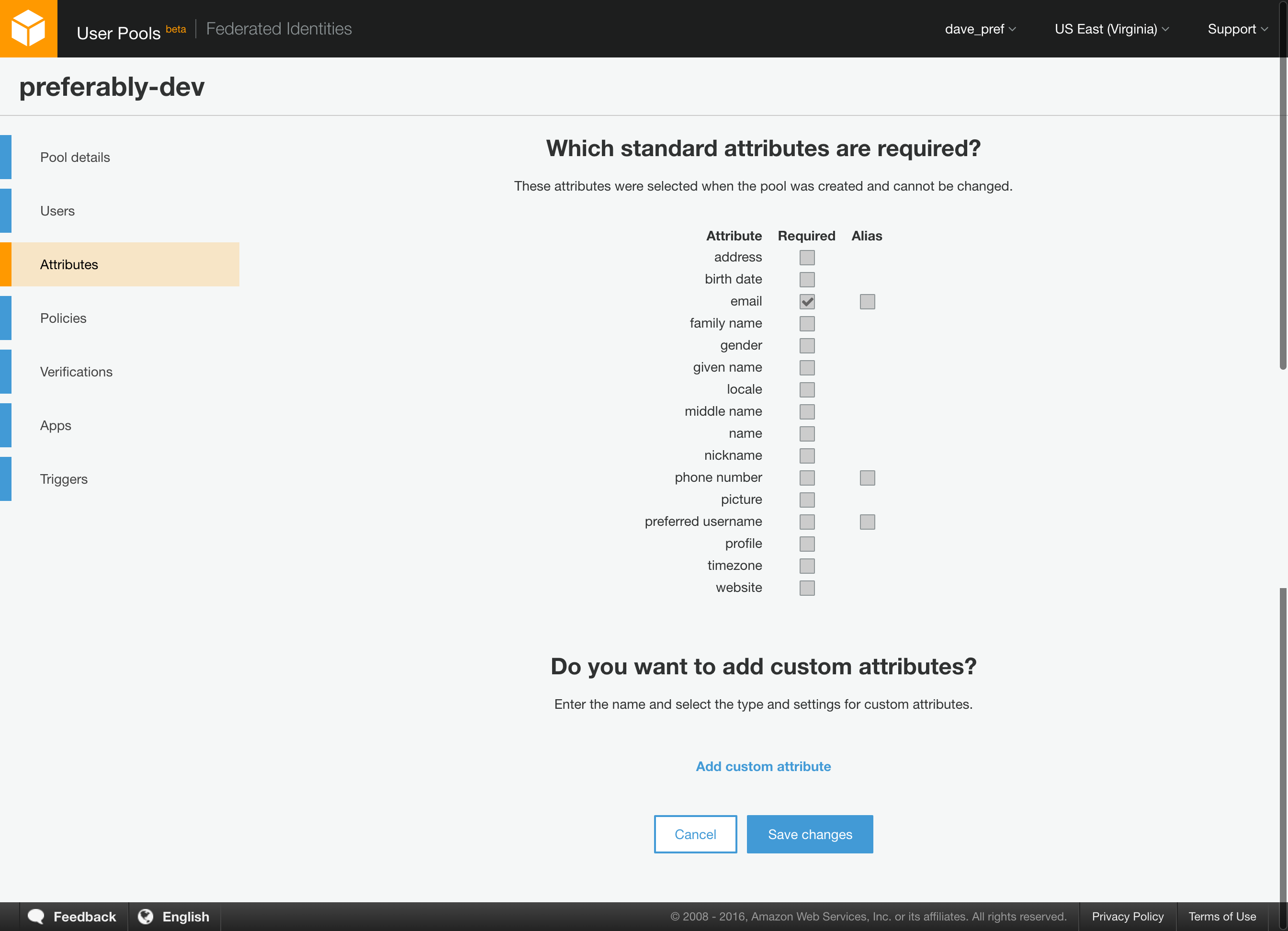 User Pool Attributes