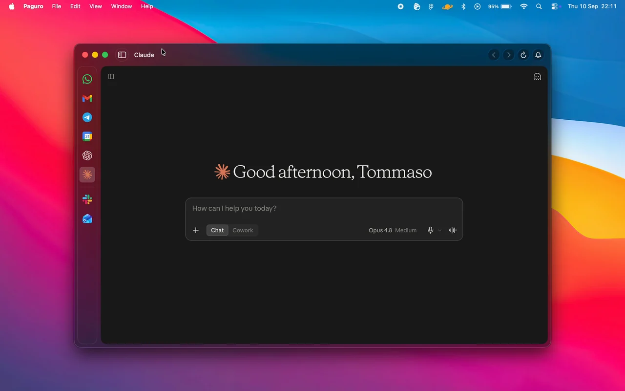 Paguro on macOS: the sidebar opens to show services grouped into Personal and Work workspaces, then closes again