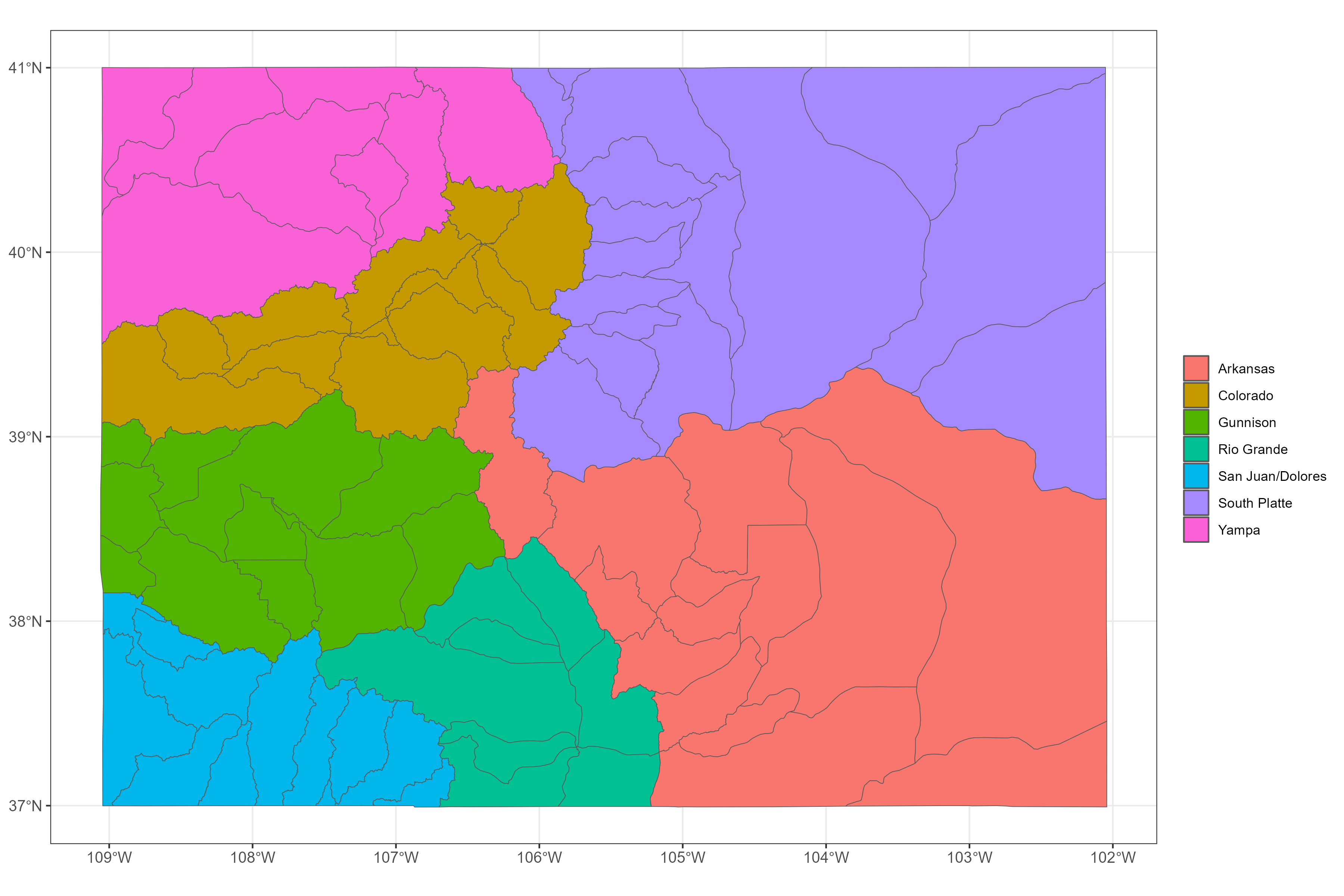 Colorado Water Districts colored by basin