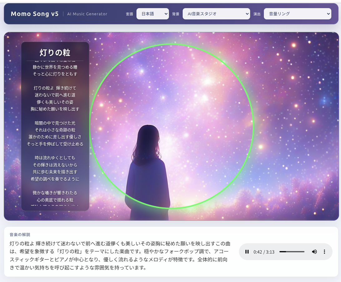 Momo Song v5で生成曲を再生している画面