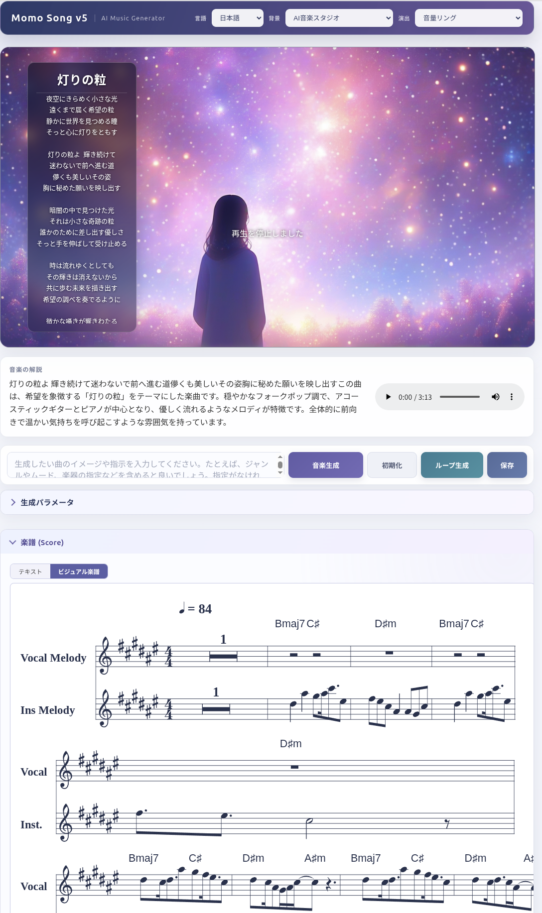 生成曲とビジュアル楽譜を表示したMomo Song v5の画面