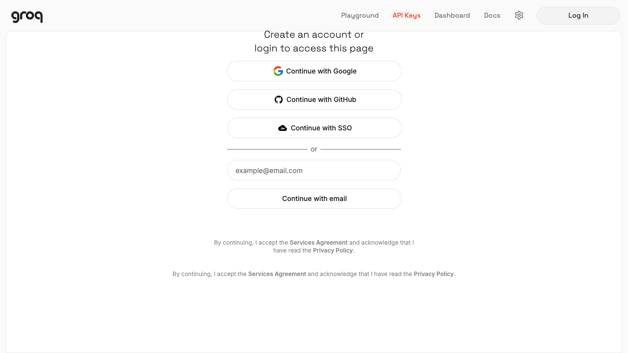 Groq API Keys page asking the user to log in