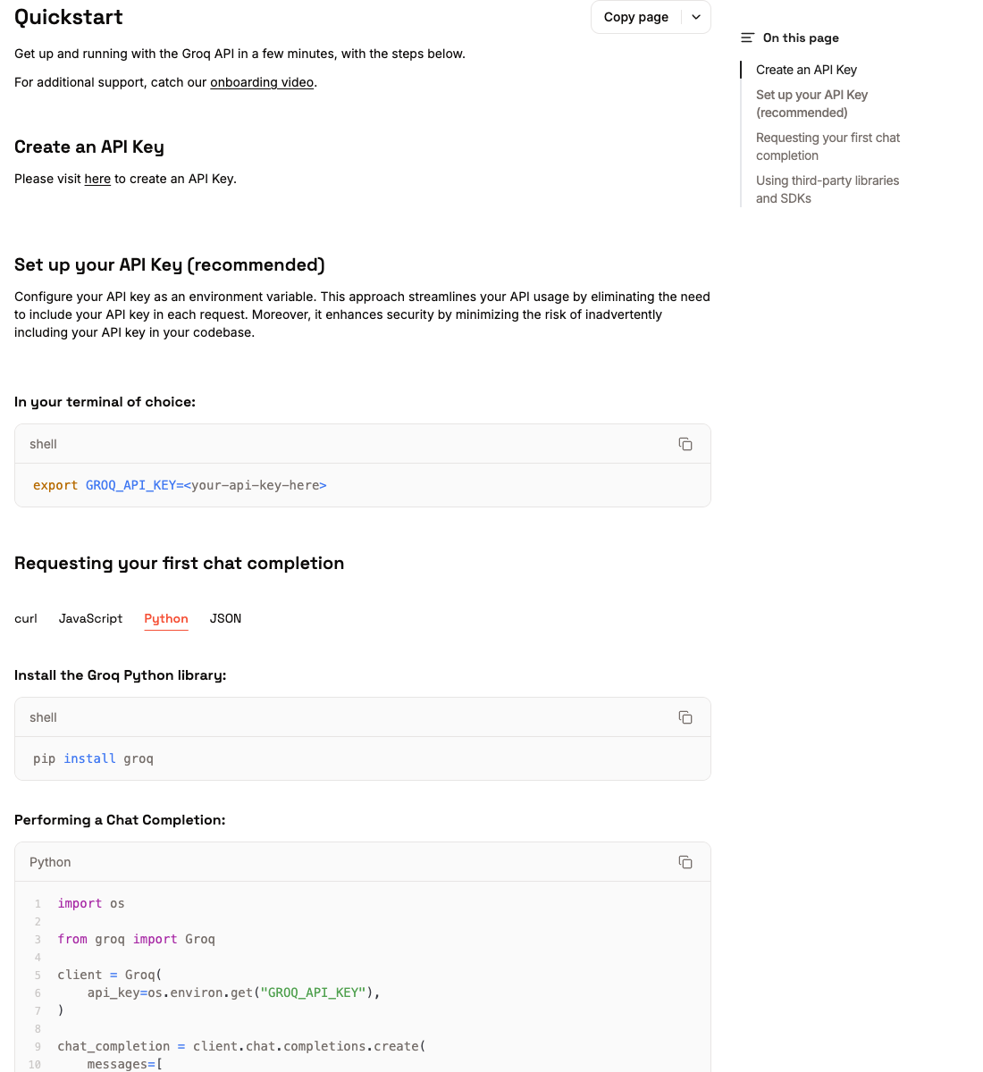 Groq Quickstart instructions for creating and setting an API key
