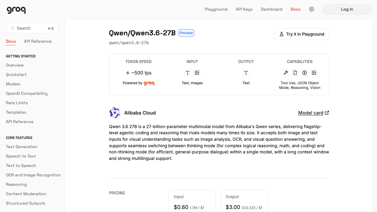 Groq Qwen3.6-27B model page showing image input and Vision capability