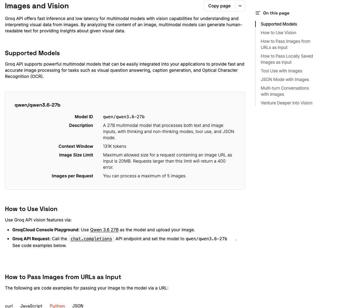Groq Images and Vision documentation showing model limits and an image request example