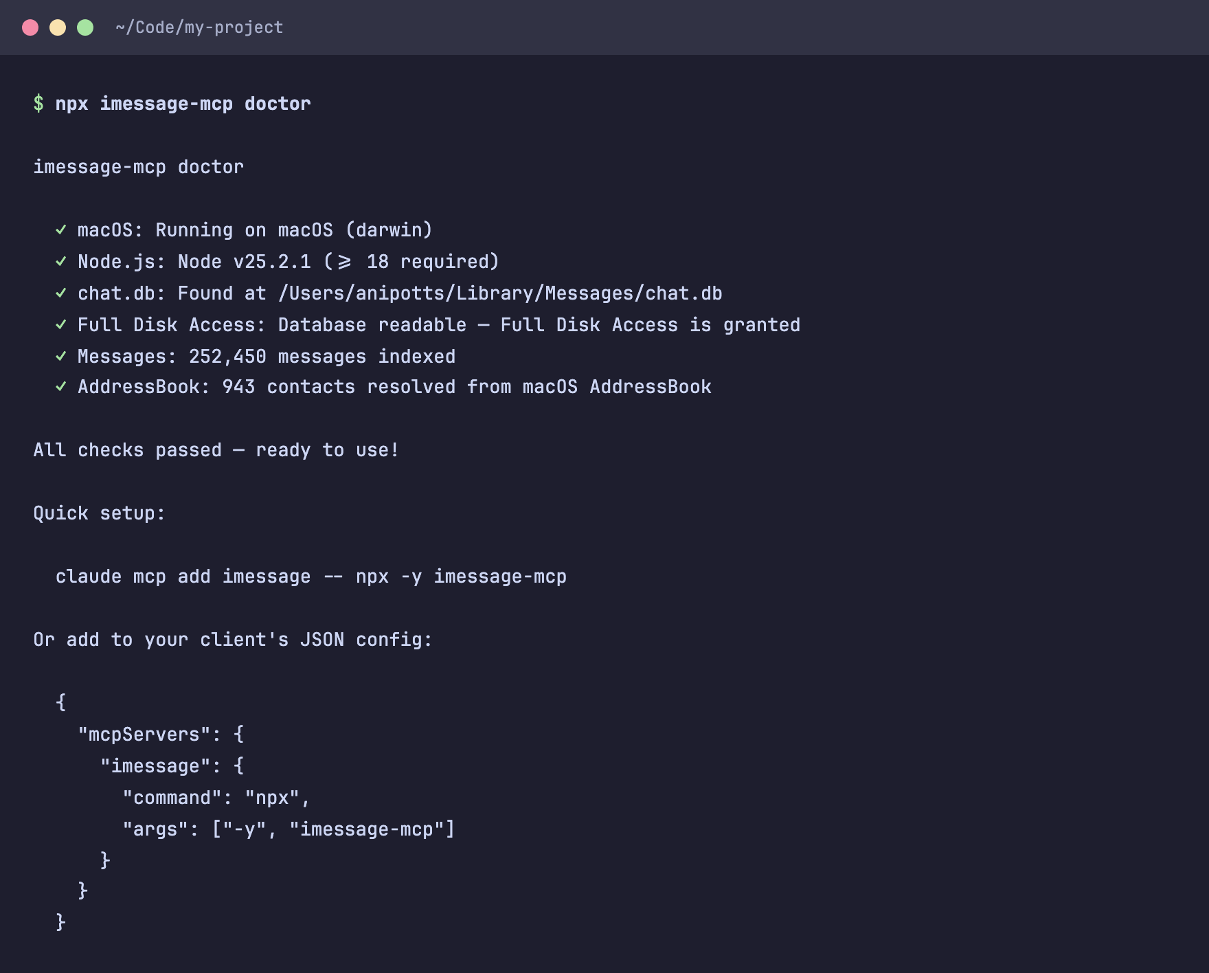 imessage-mcp doctor output