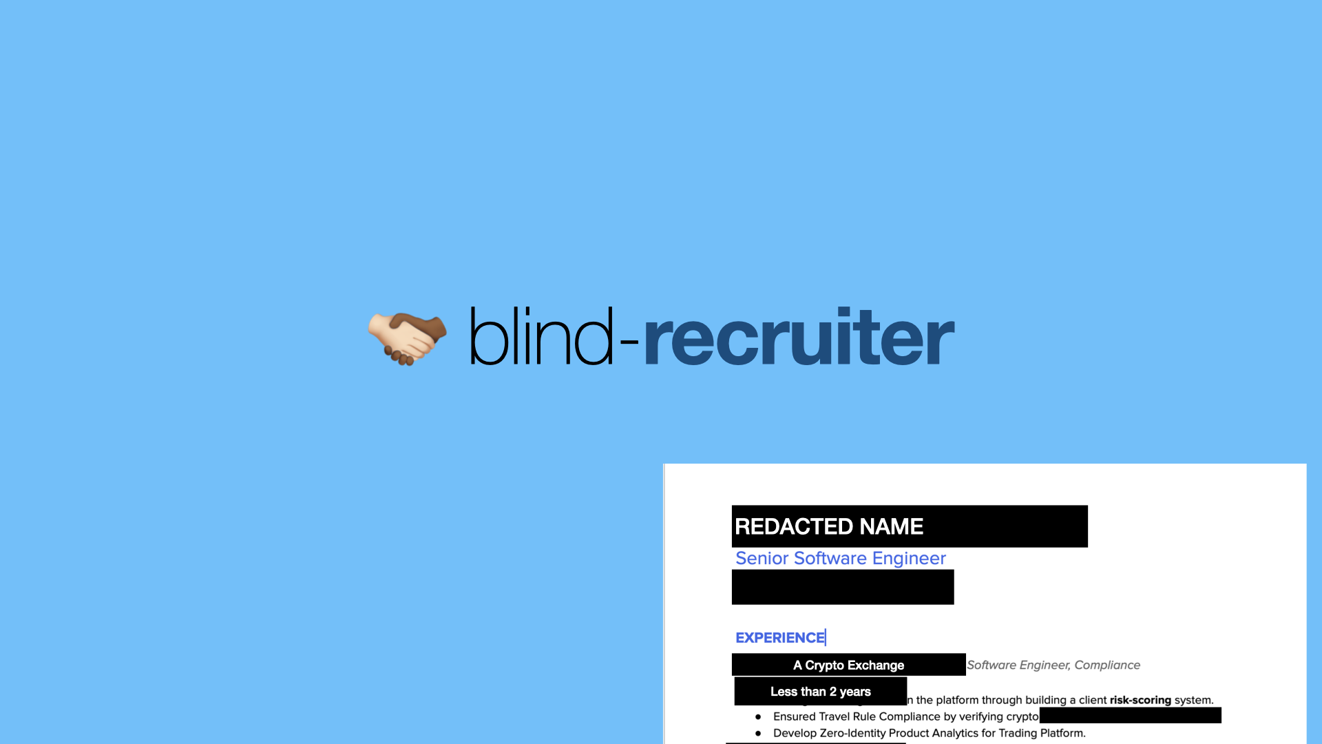 A banner image, depicting a PDF resume with redacted fields marked by black ink