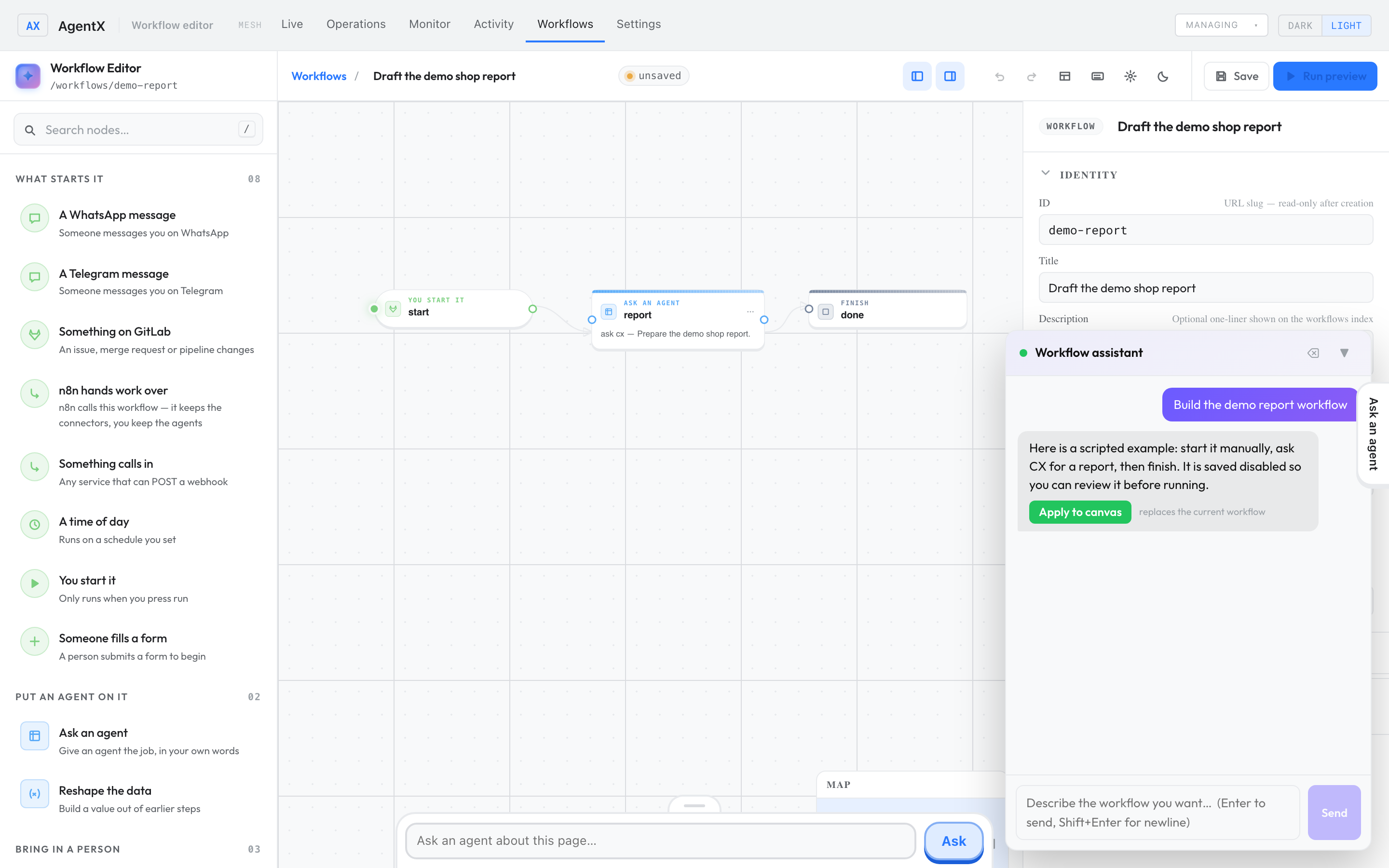 The demo workflow assistant proposing a report