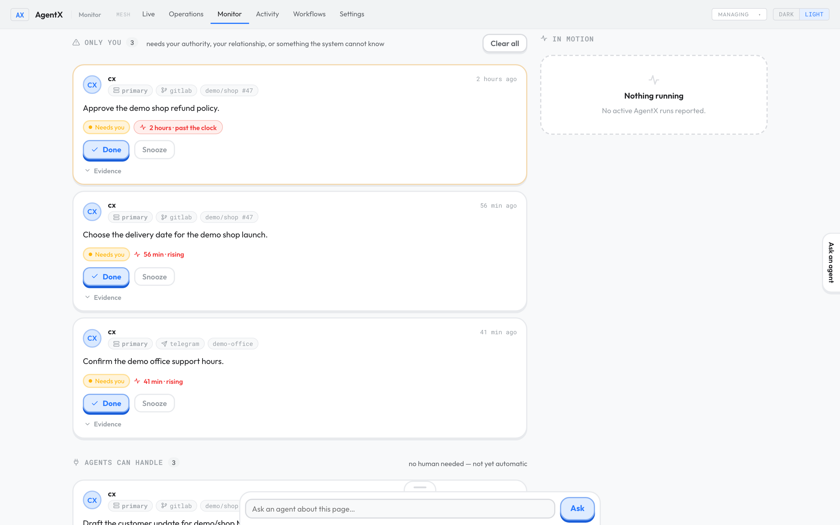 AgentX Monitor showing tasks that need your attention in the current dashboard
