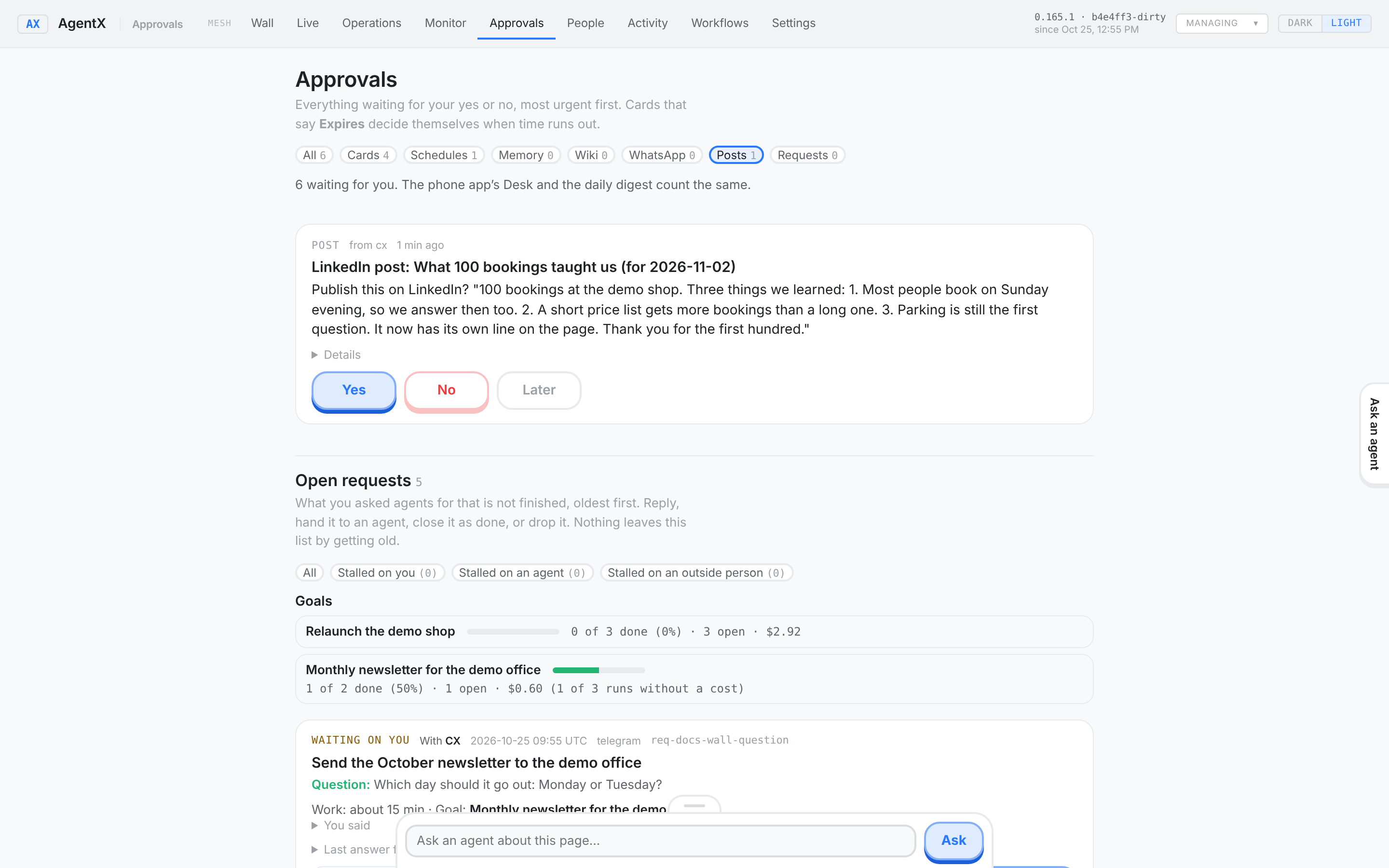A LinkedIn post waiting in Approvals, with the past posts it followed