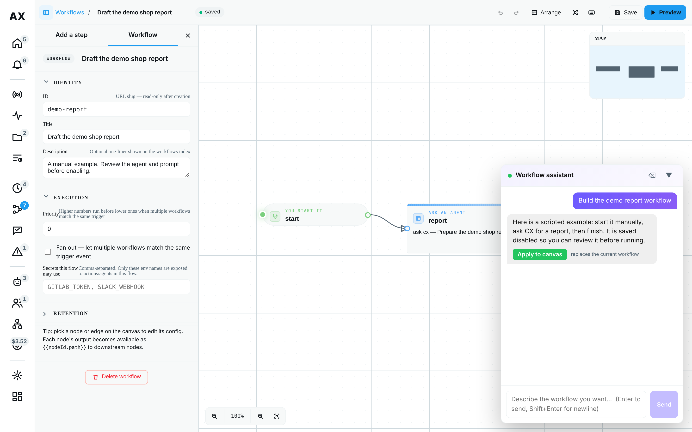 The demo workflow assistant proposing a report