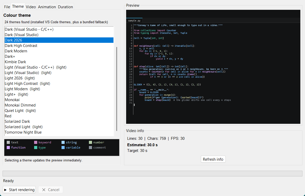 The CVR app with the theme list and live preview