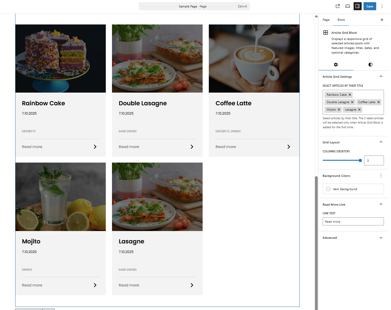 Editor view of the Article Grid Block showing selected posts and customization options