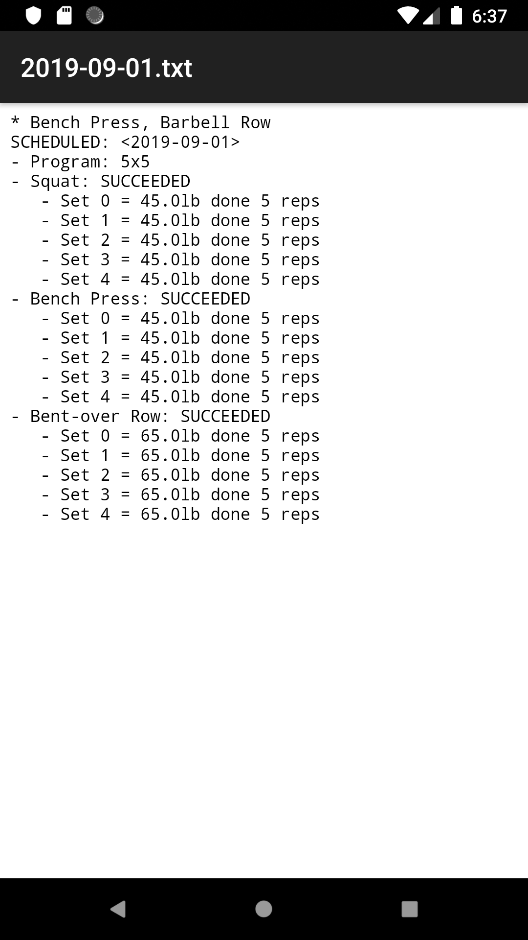 Workout log text file output from lift
