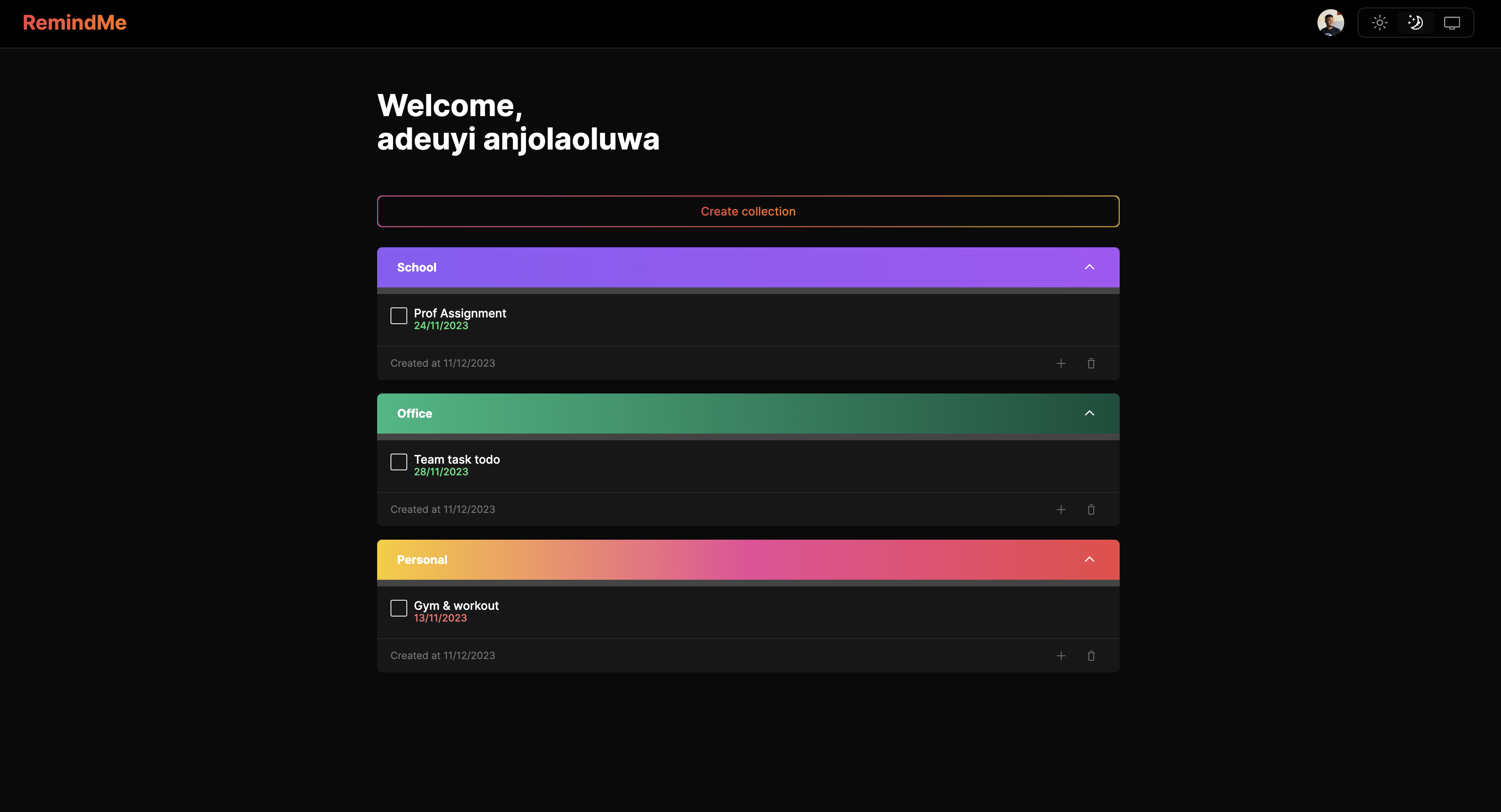 Reminder App - Welcome screen