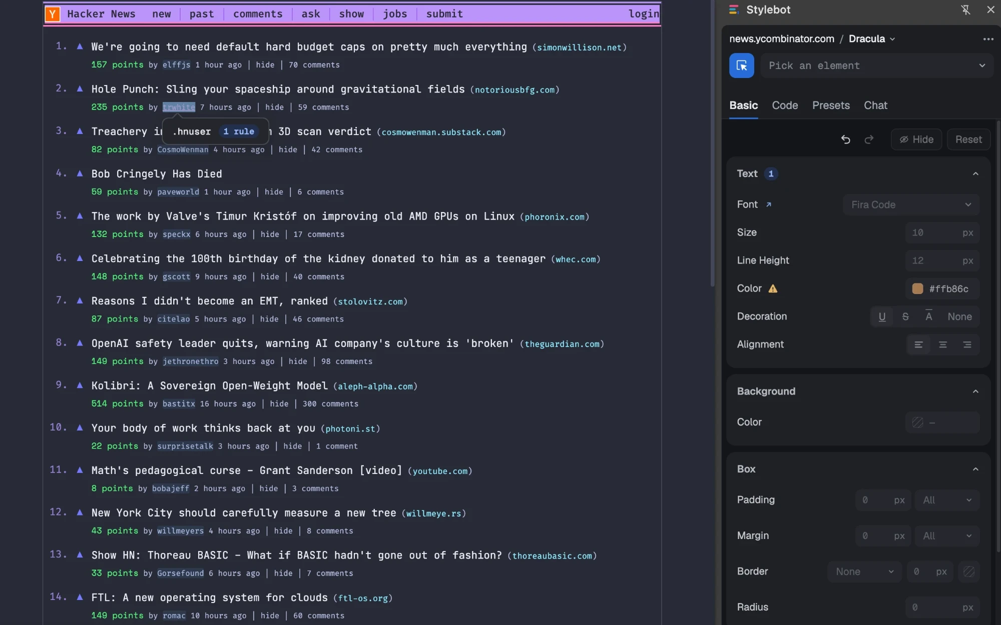 Stylebot's editor in the side panel, picking an element on Hacker News styled with Dracula