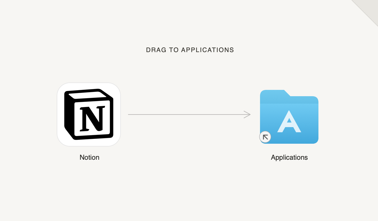 A minimal Notion DMG installer preview with Notion on the left, Applications on the right and a quiet arrow between them.