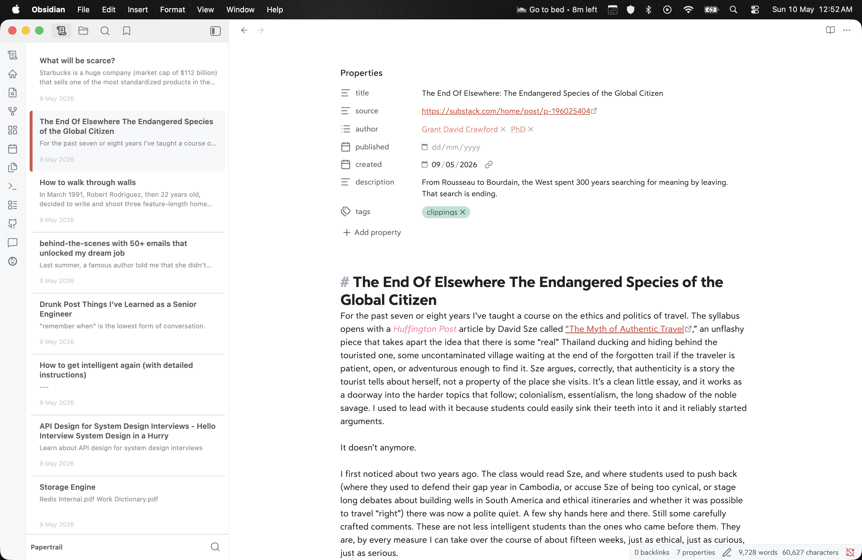 Obsidian with Papertrail: note list in the sidebar (titles, excerpts, dates, active row with accent bar), Papertrail footer, and the open note with properties in the editor