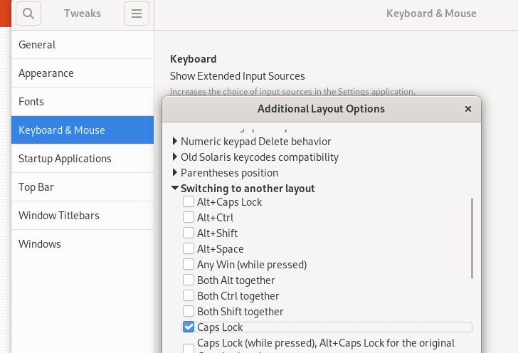Screenshot of Gnome Tweaks tool to enable [CapsLock] as language switcher