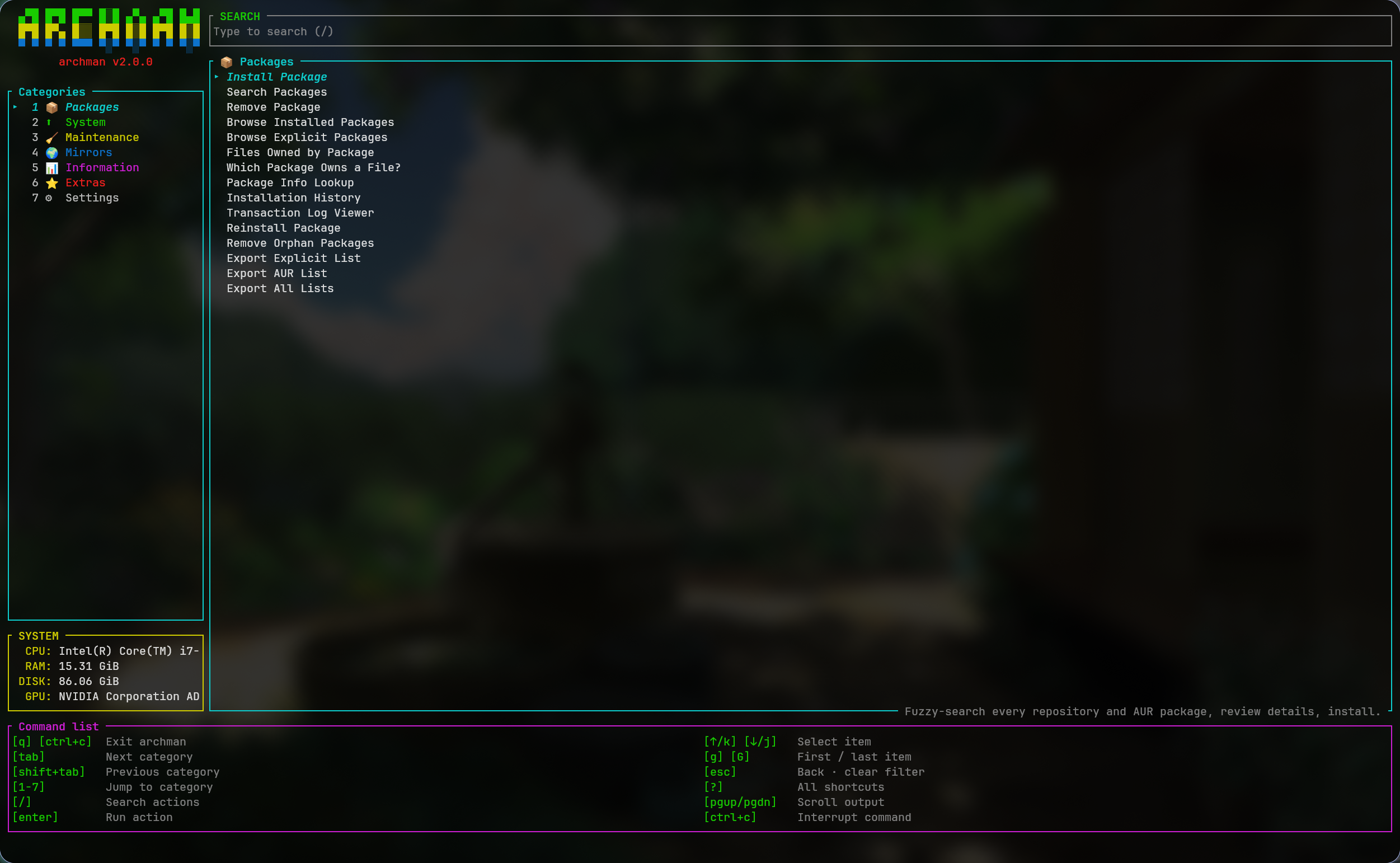 archman dashboard — category sidebar, action list, live system info and command list