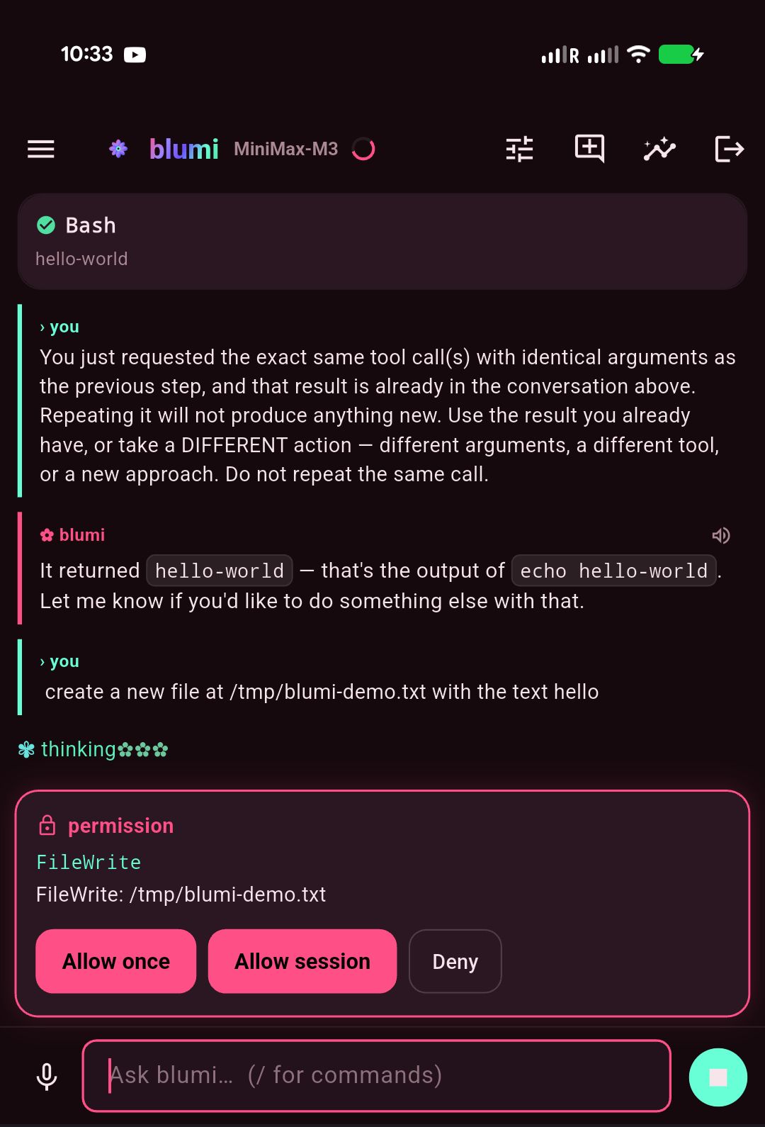 blugo permission card — Allow once / Allow session / Deny for a gated tool