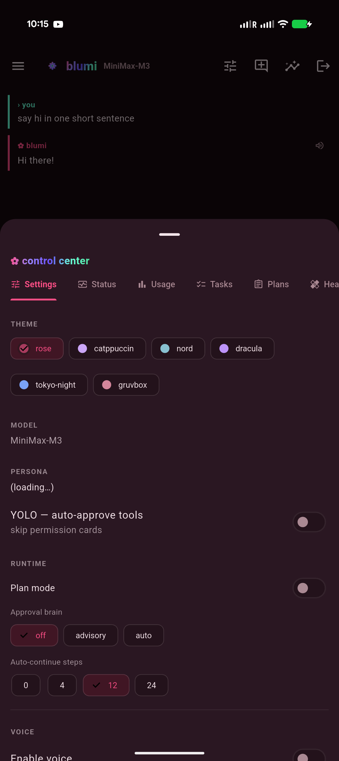 blugo control center with icon tabs and a gradient header