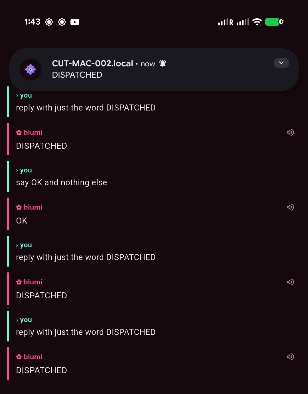 a dispatch thread with an FCM completion notification banner