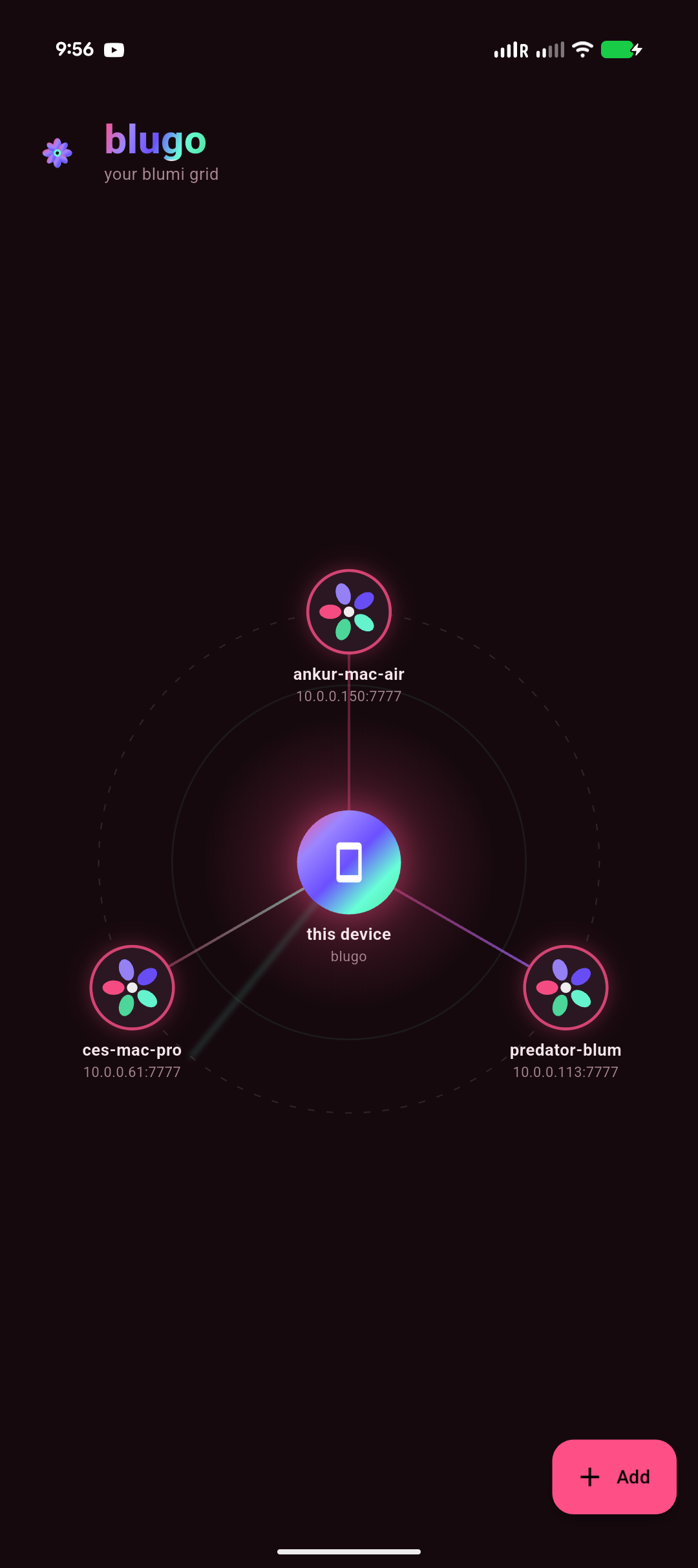 blugo welcome — an interactive grid network diagram of your blumi gateways