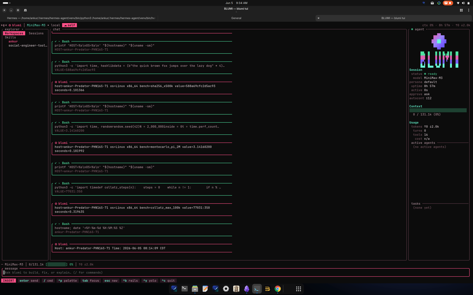 blumi TUI executing on the Linux (x86_64) peer
