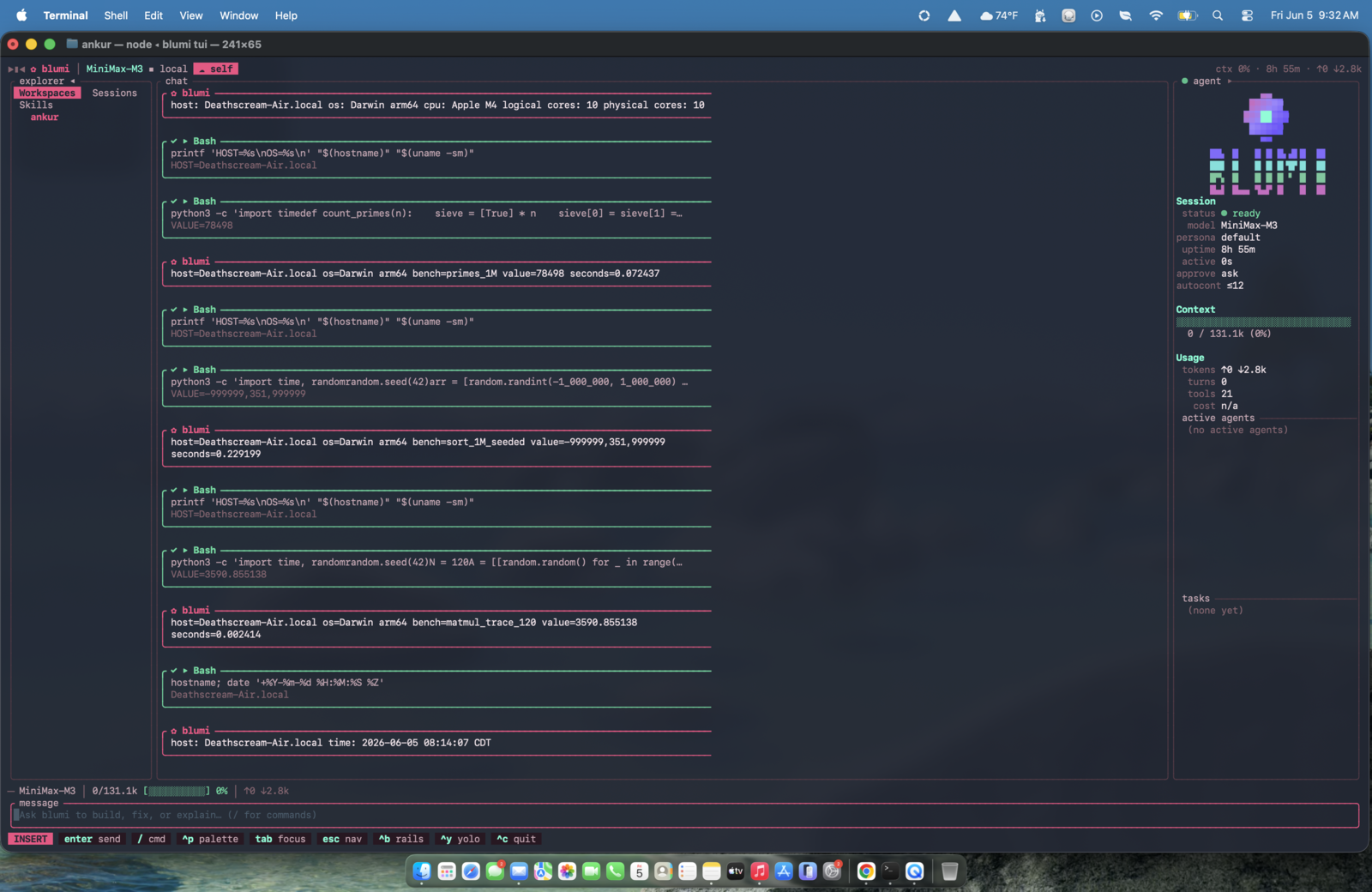 blumi TUI executing on the macOS (Apple Silicon) peer