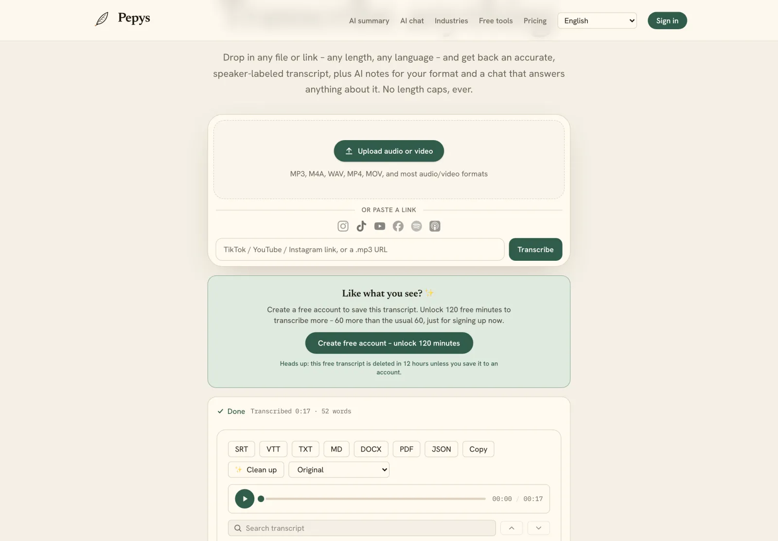 AI summary and Ask chat over a Pepys transcript