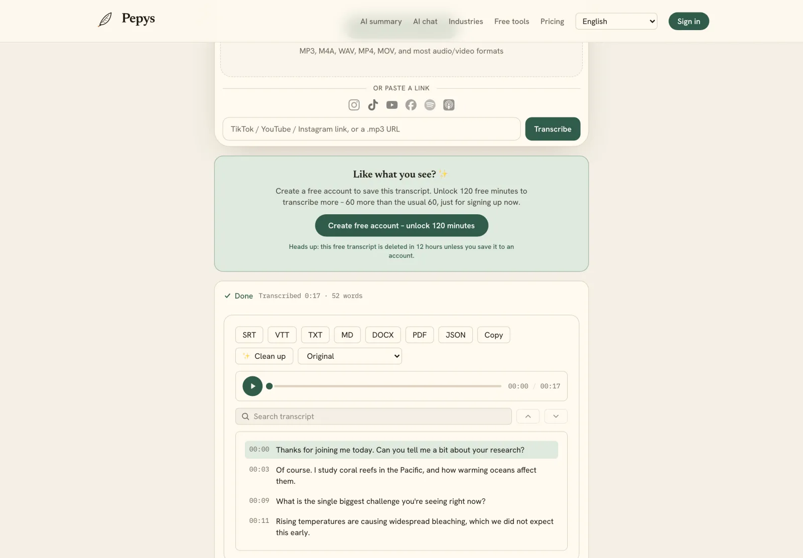 The Pepys transcript workspace – speaker labels, editing, and exports