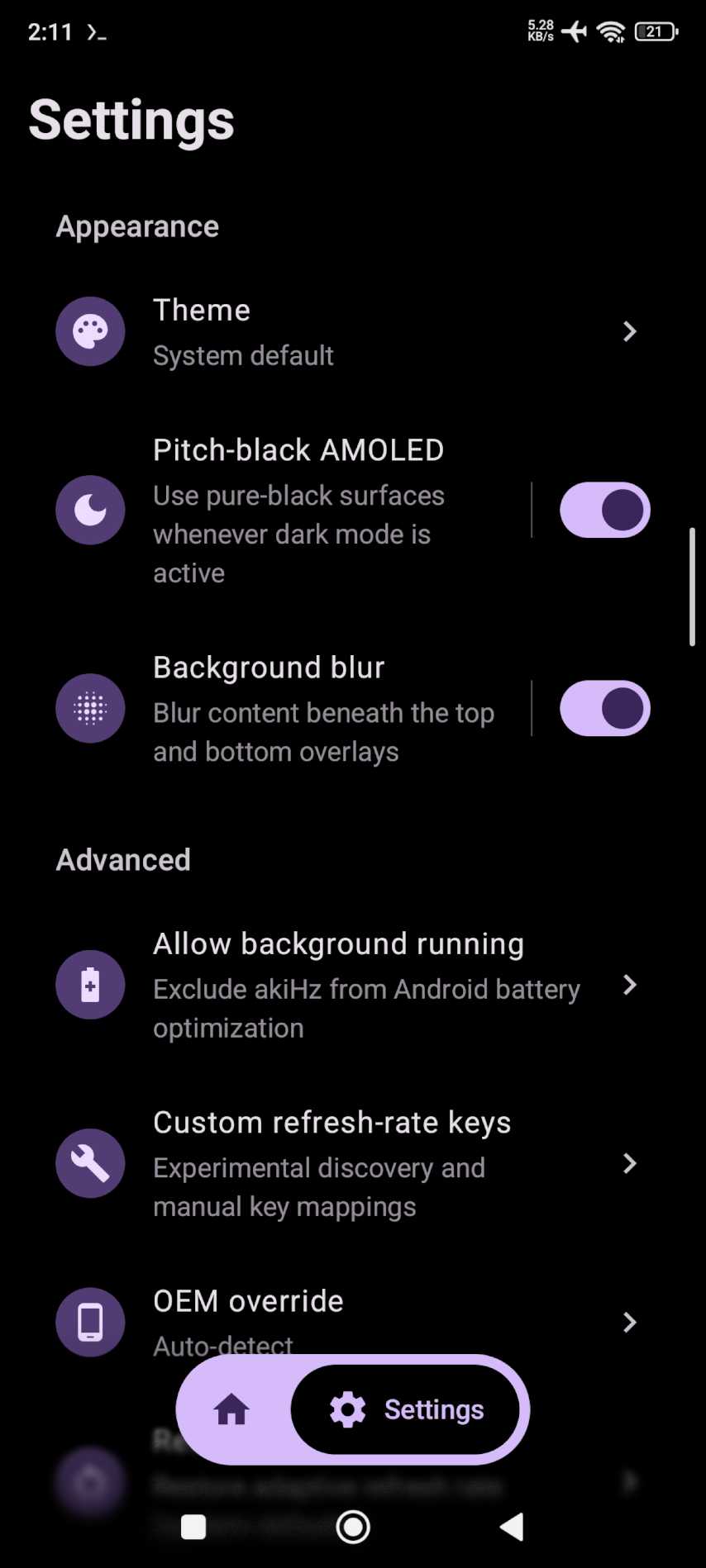 Settings screen in dark theme