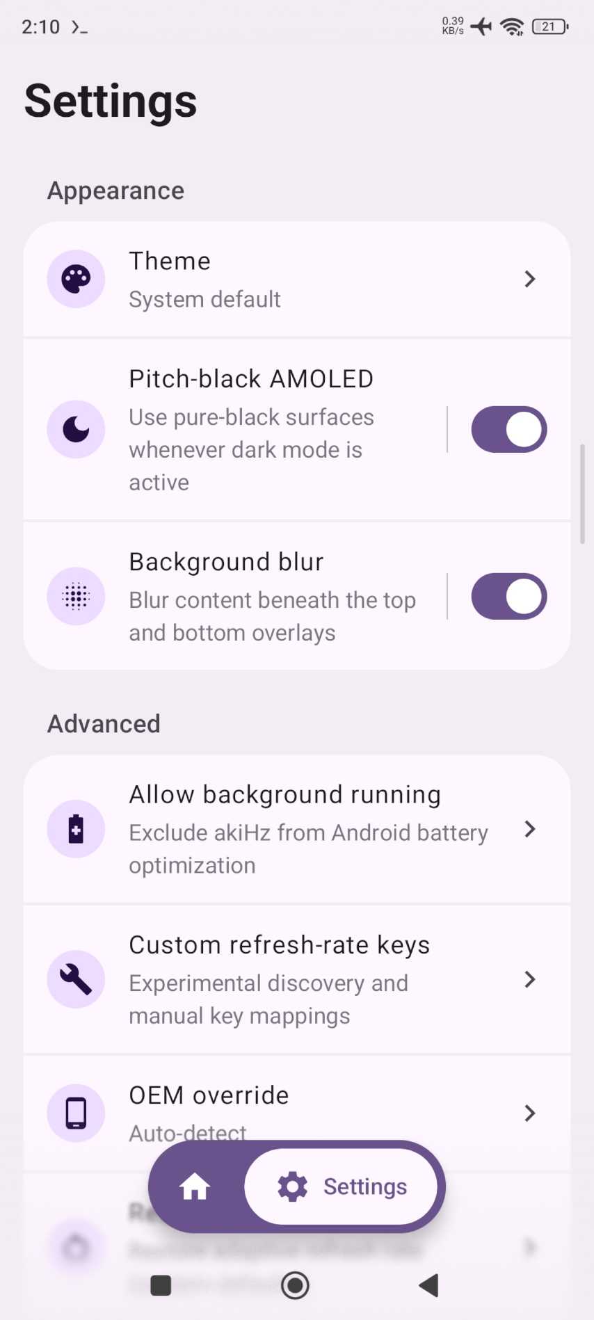 Settings screen in light theme