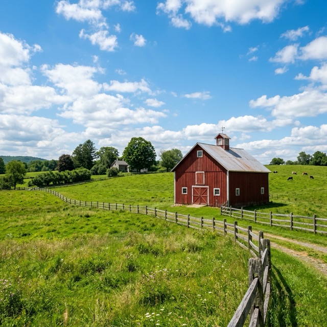 A red barn in a green summer field