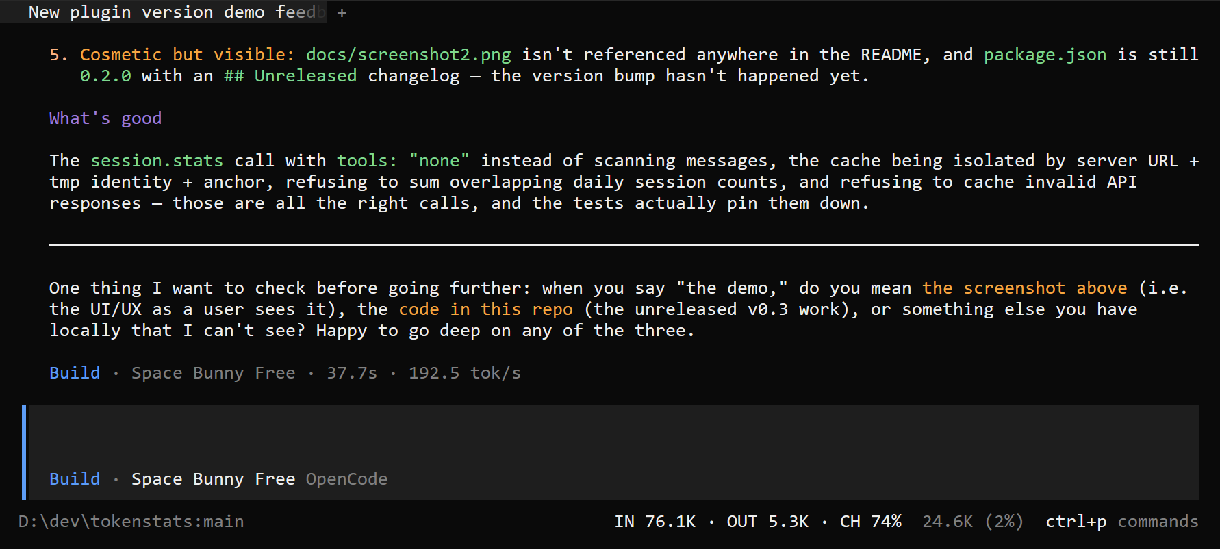 tokenstat in the OpenCode prompt footer